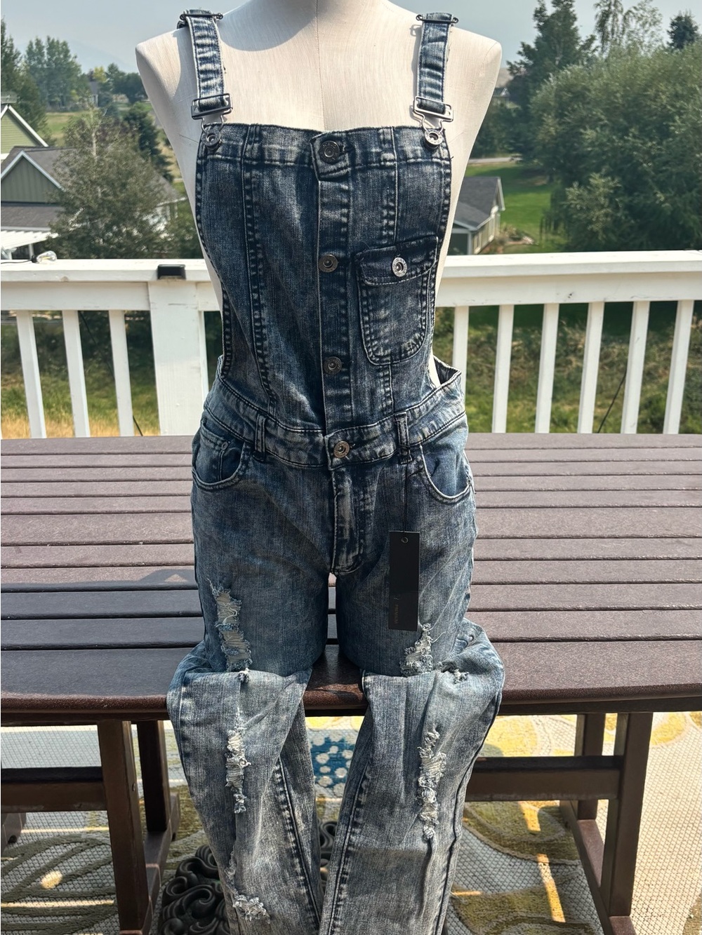 Women's Distressed Denim Overalls - Washed